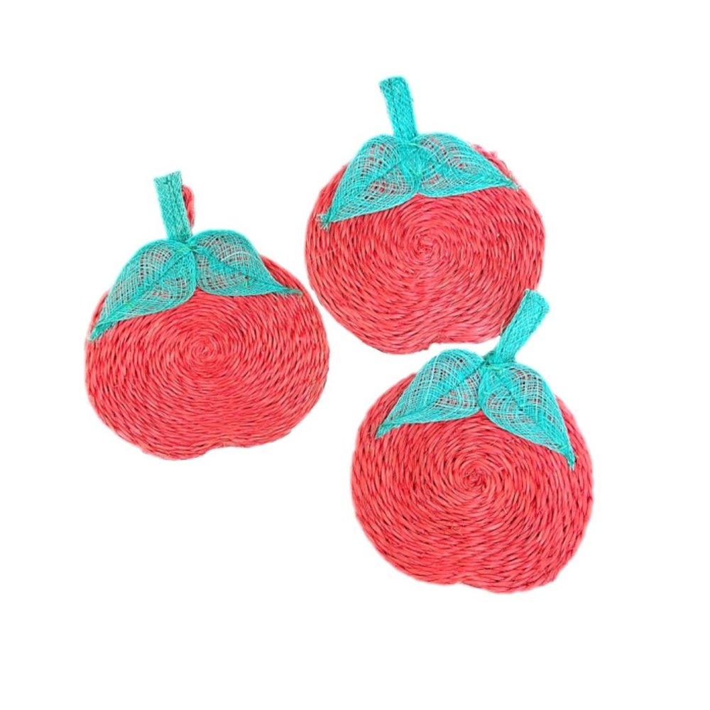 Vintage Set of 3 Woven Red Raffia Apple Drink Coasters